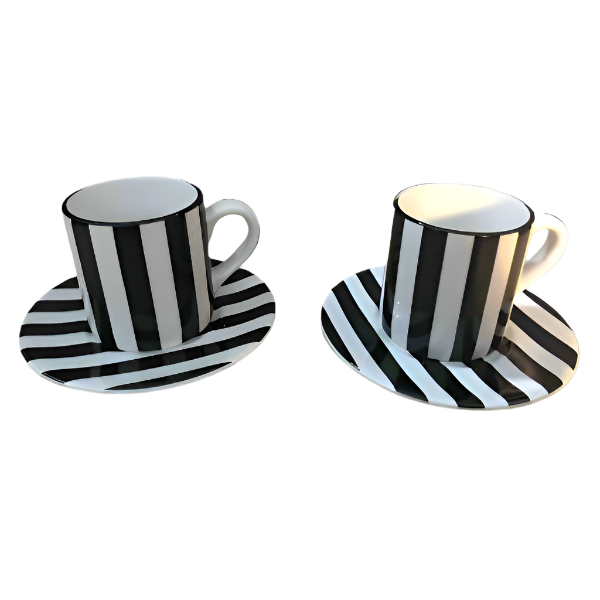 Pair Of Black & White Stripe Tea Cup And Saucer Plate