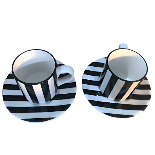 Pair Of Black & White Stripe Tea Cup And Saucer Plate