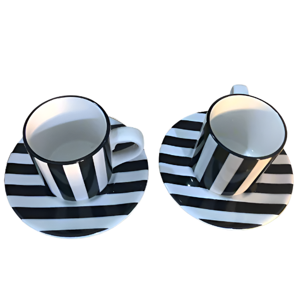 Pair Of Black & White Stripe Tea Cup And Saucer Plate