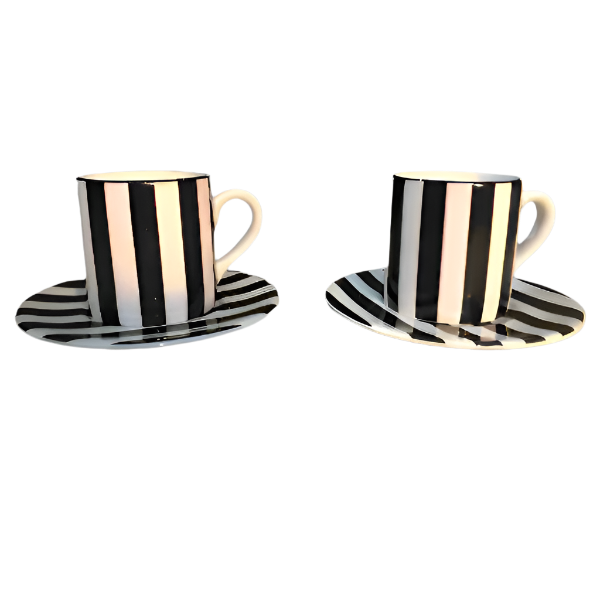 Pair Of Black & White Stripe Tea Cup And Saucer Plate