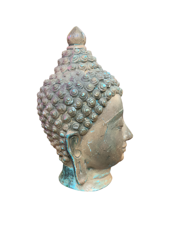 Antique Bronze Buddha Head – 8.5” Tall with Natural Patina