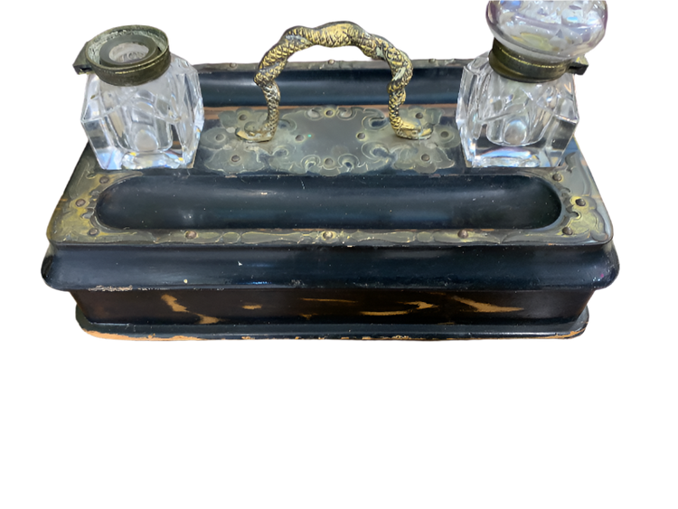 Brass and Lacquered Wood Portable Writing Desk/Box and Inkstand
