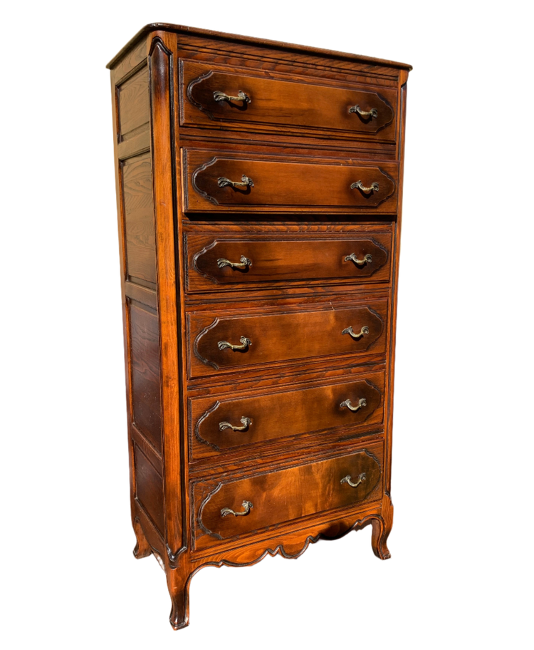 Vintage French Provincial Tallboy Dresser by Slight – 6 Drawers, Ornate Brass Hardware