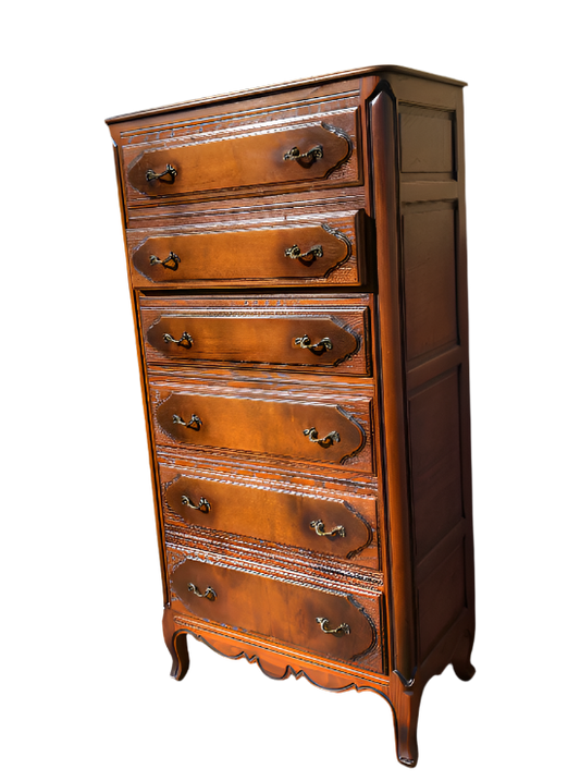 Vintage French Provincial Tallboy Dresser by Slight – 6 Drawers, Ornate Brass Hardware