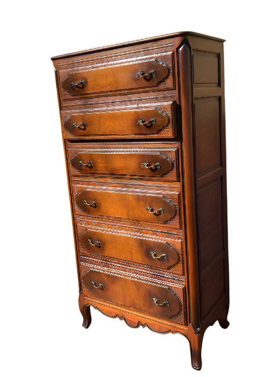 Vintage French Provincial Tallboy Dresser by Slight – 6 Drawers, Ornate Brass Hardware