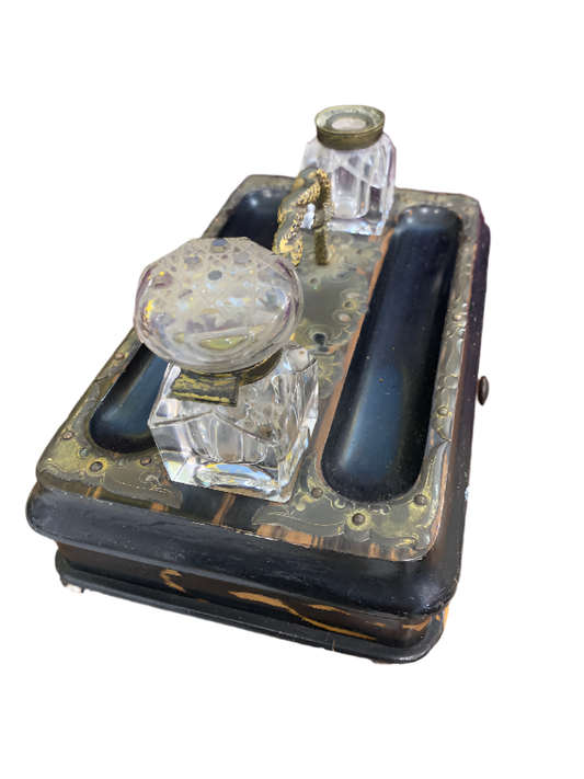 Brass and Lacquered Wood Portable Writing Desk/Box and Inkstand