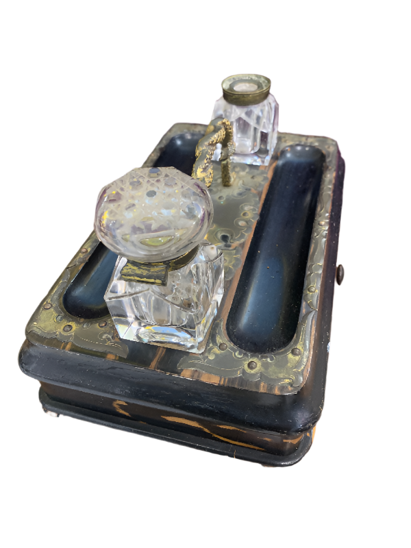 Brass and Lacquered Wood Portable Writing Desk/Box and Inkstand