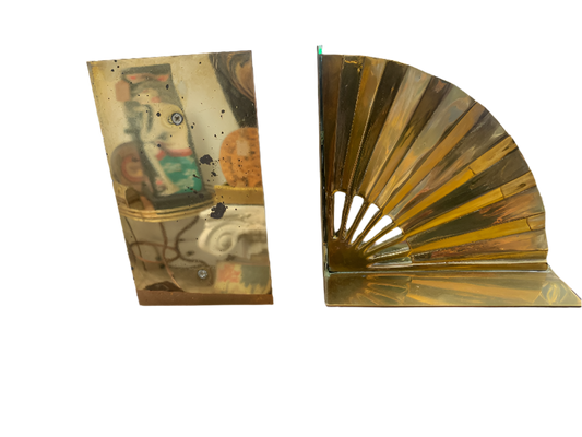 1950s Hollywood Regency Asian Fan Shaped Solid Polished Brass Bookends- Set