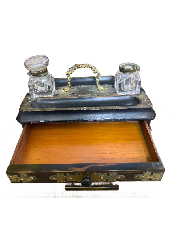 Brass and Lacquered Wood Portable Writing Desk/Box and Inkstand