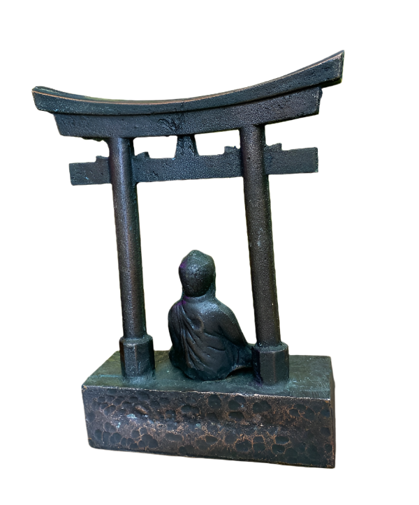 Vintage Bronze Buddha Under Torii Gate Sculpture – Heavy 7” Shrine Figurine