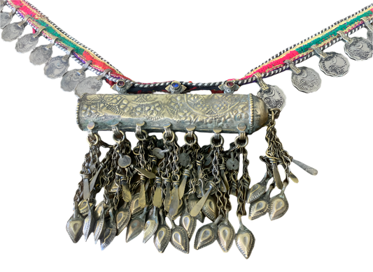 Vintage Kuchi Tribal Belt with Jeweled Pendant and Coin Charms – Pakistan