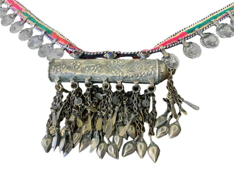 Vintage Kuchi Tribal Belt with Jeweled Pendant and Coin Charms – Pakistan