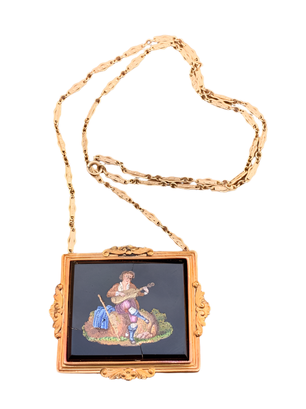 Antique Micro Mosaic Pendant Necklace – 14K Gold Frame