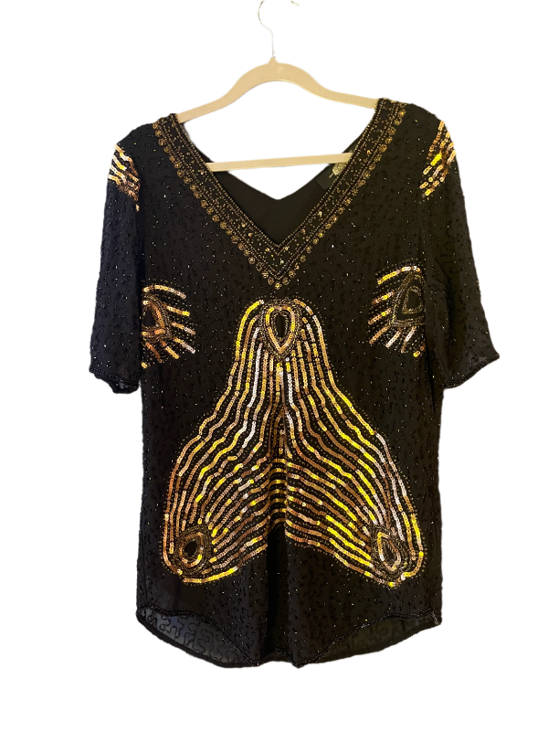 Fair Child Beaded Sequined Black Gold Short Sleeve Top Women's Size Medium
