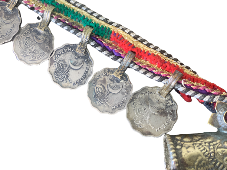 Vintage Kuchi Tribal Belt with Jeweled Pendant and Coin Charms – Pakistan