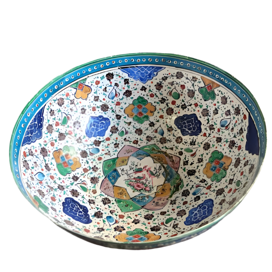 Vintage Hand-Painted Enamel on Copper Bowl with Middle Eastern Figurative Art