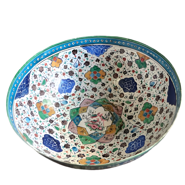 Vintage Hand-Painted Enamel on Copper Bowl with Middle Eastern Figurative Art