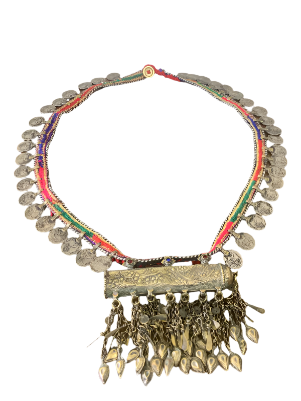 Vintage Kuchi Tribal Belt with Jeweled Pendant and Coin Charms – Pakistan