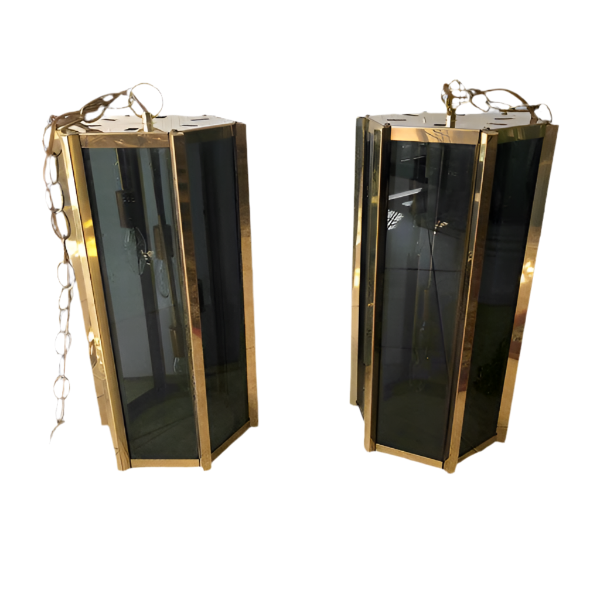 Fredrick Ramond Smoked Glass and Brass Chandelier