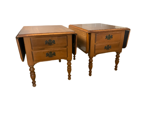Pair of ETHAN ALLEN Heirloom Nutmeg Maple Drop-Leaf End Tables – Early American Colonial