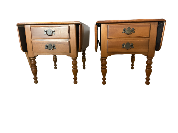 Pair of ETHAN ALLEN Heirloom Nutmeg Maple Drop-Leaf End Tables – Early American Colonial