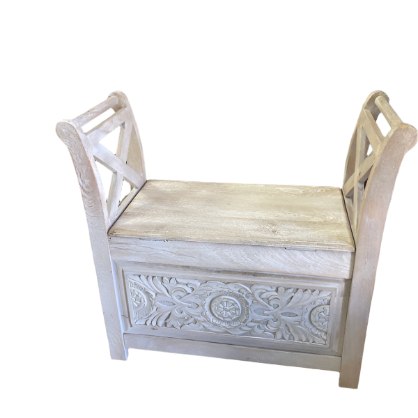 White-Washed Vintage Accent Bench – Rustic Charm with Distressed Finish