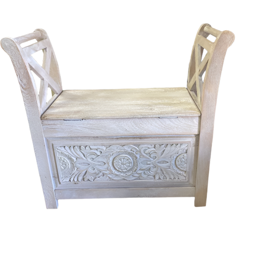 White-Washed Vintage Accent Bench – Rustic Charm with Distressed Finish