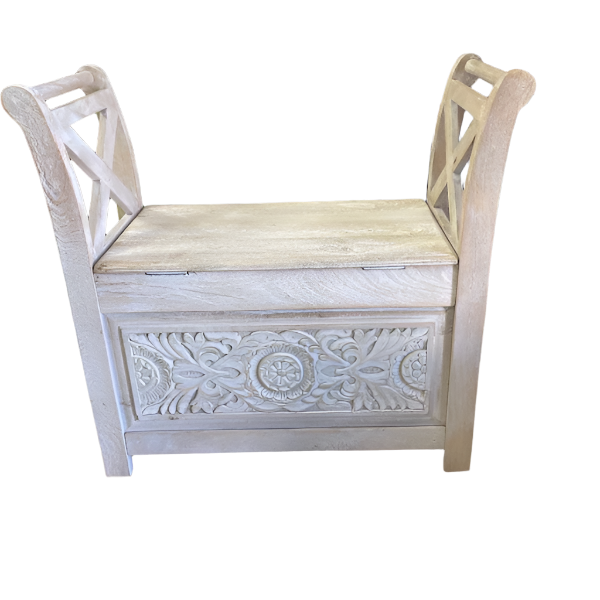 White-Washed Vintage Accent Bench – Rustic Charm with Distressed Finish