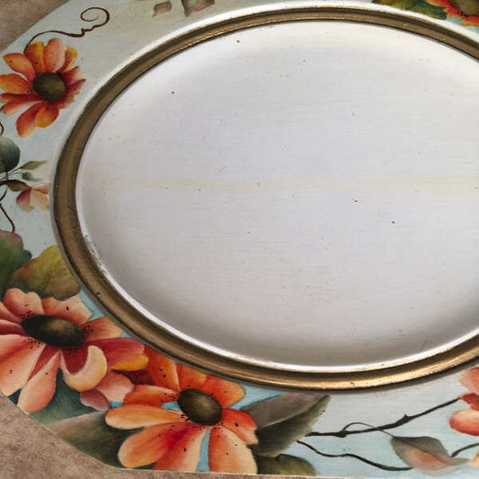 Vintage Wooden Hand Painted Floral Plates- Set of Two