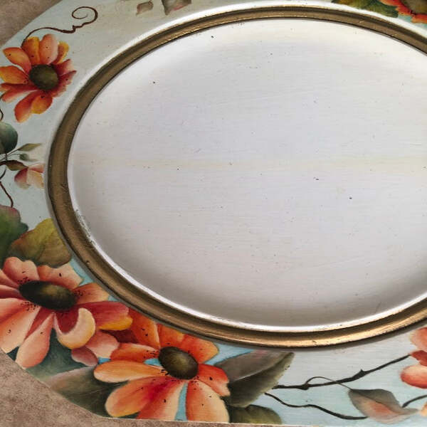 Vintage Wooden Hand Painted Floral Plates- Set of Two