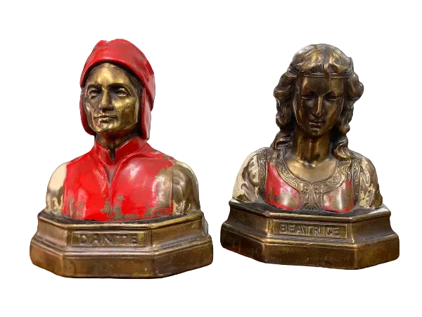 Antique Art Nouveau Dante & Beatrice Figural Bronze Bookends – Heavy Painted Bust Pair