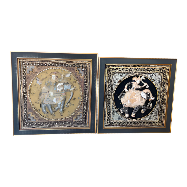 Burmese Vintage Kalaga Embroidered Tapestry Wall Art - A Pair