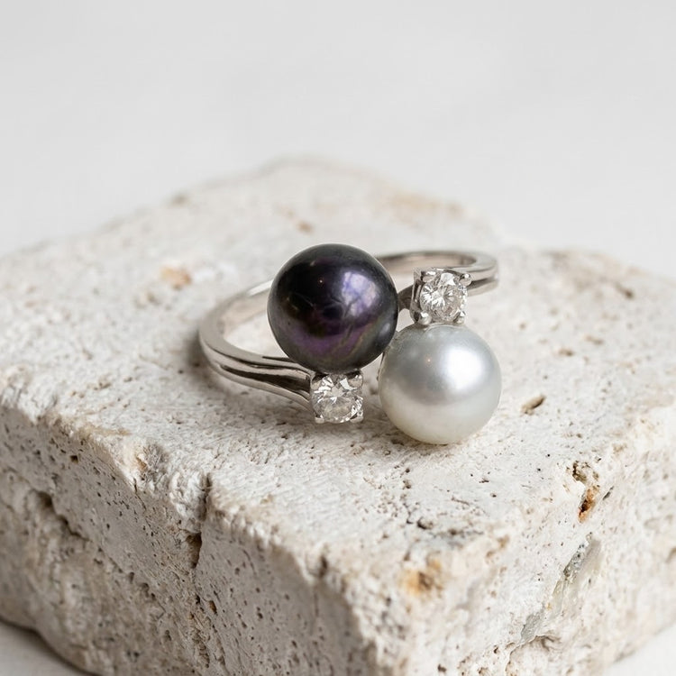 Antique 14k White Gold Ring with Freshwater Pearls and Diamond Accents