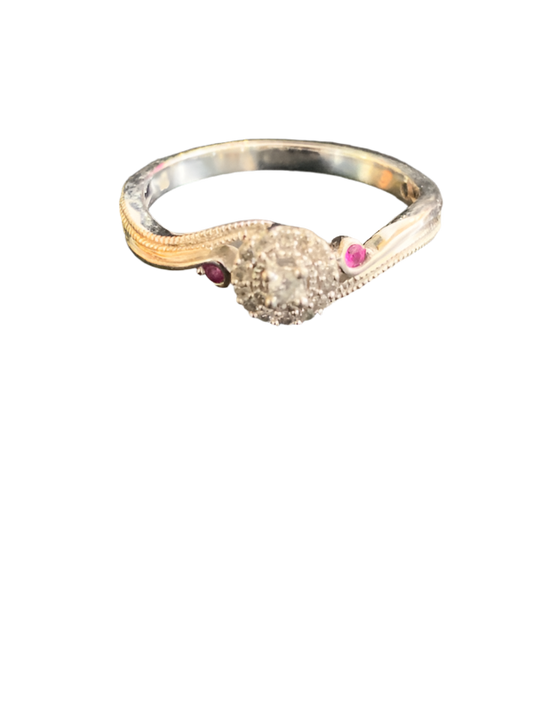 10K White Gold Diamond Cluster Ring with Red Topaz Accents – Size 6 – Vintage-Inspired Design