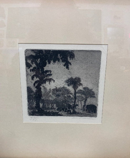 Vintage Fritz Silberbauer Etching of Mammoths – Prehistoric Cave Era Scene 12”