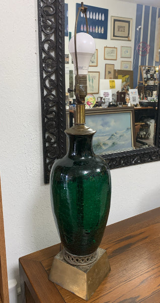 Vintage Green Crackle Glass Table Lamp with Brass Base