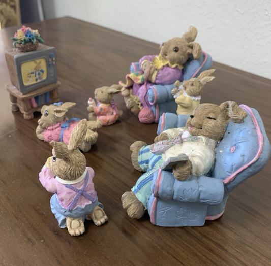 Easter Bunny Rabbit Family Figurine Set 7 Pieces