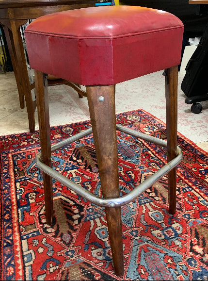 Mid-Century Modern “Moderne Seating Co.” Red Leather Bar Stool – Chrome & Wood