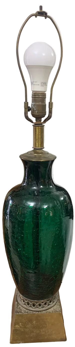 Vintage Green Crackle Glass Table Lamp with Brass Base