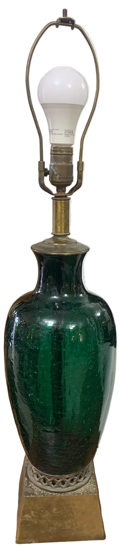Vintage Green Crackle Glass Table Lamp with Brass Base
