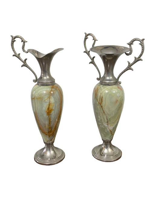 Pair of decorative vases with marbleized design and silver accents 