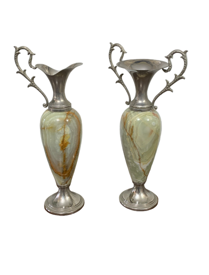 Pair of decorative vases with marbleized design and silver accents 