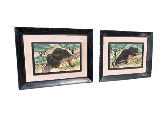 Pair of Vintage Panther Relief Paintings by C.L.E. Pearson – Framed Copper Artworks