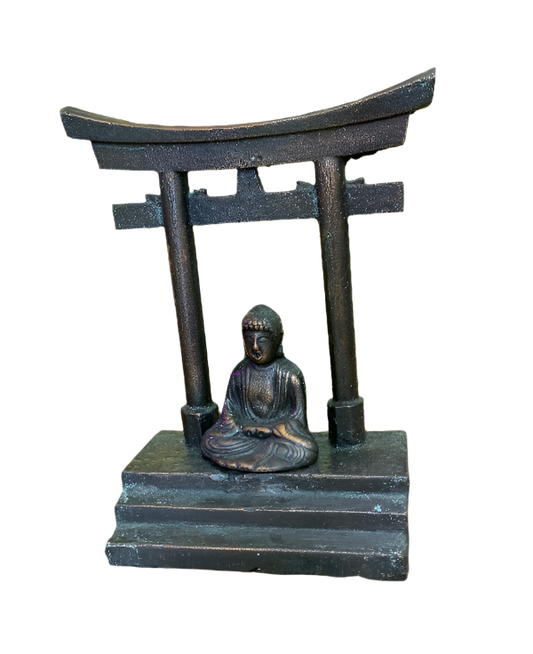 Vintage Bronze Buddha Under Torii Gate Sculpture – Heavy 7” Shrine Figurine