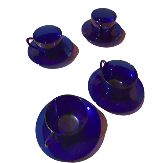 1960s Cobalt Blue Glass Cup & Saucer - Set of Four