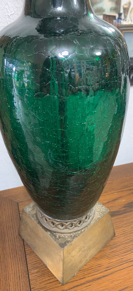 Vintage Green Crackle Glass Table Lamp with Brass Base