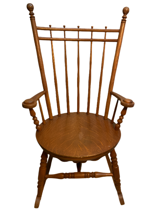 Vintage Spindle Back Maple Rocking Chair – Round Seat, Classic Americana Style