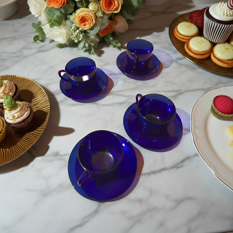1960s Cobalt Blue Glass Cup & Saucer - Set of Four