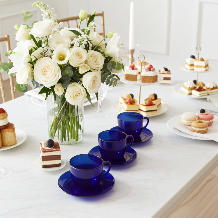 1960s Cobalt Blue Glass Cup & Saucer - Set of Four