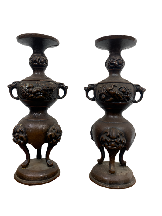 Vintage Japanese Bronze Candlesticks Incense Holders- a Pair